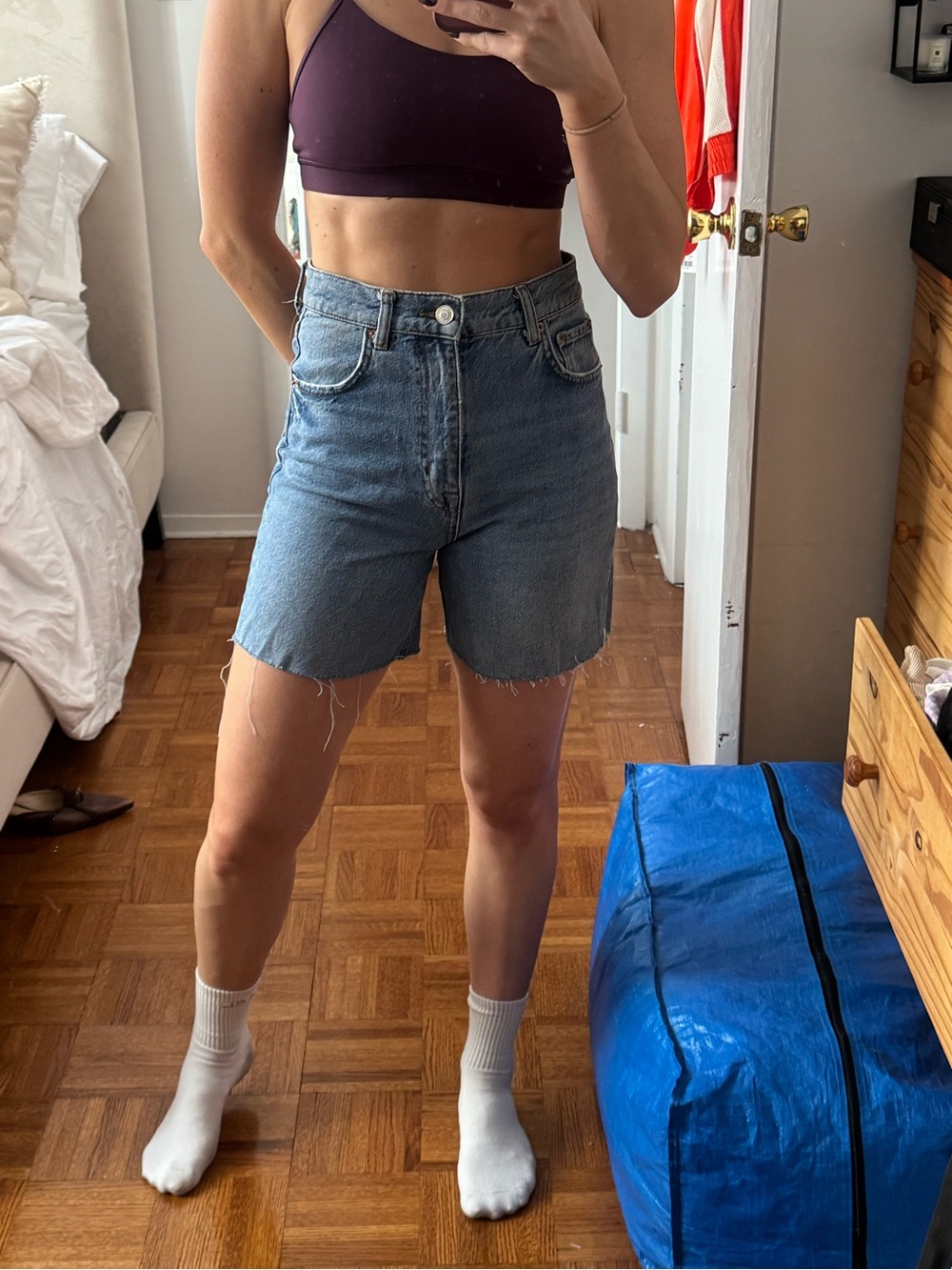 Zara Medium Blue High-Rise Raw-Hem Denim Shorts